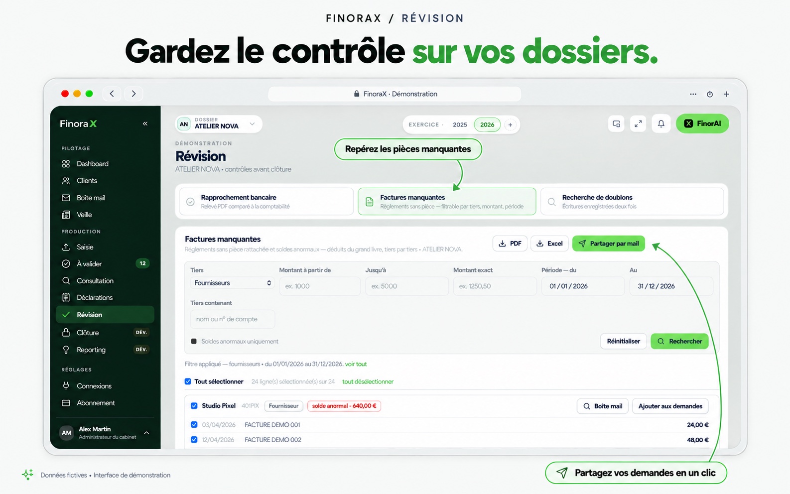 Écran Révision de FinoraX : les règlements sans pièce, filtrables par tiers, montant et période, à partager par mail.